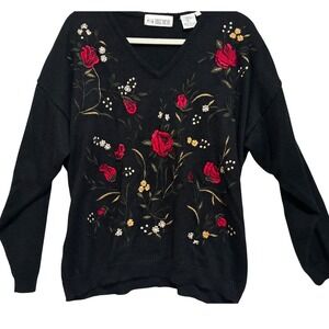 TOGETHER! Black Floral Embroidered V-Neck Wool Blend Sweater XL Vintage boho 90s